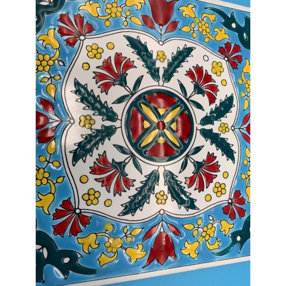 Vintage, Early, H&R Johnson, Greece, Philkeram Johnson 6" Tile Blue Red Tulips - Picture 2 of 7